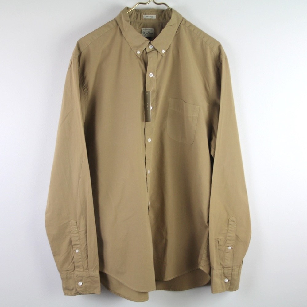 J. Crew Classic Button Down Collar Casual Cotton Shirt Long Sleeves Tan XL New
